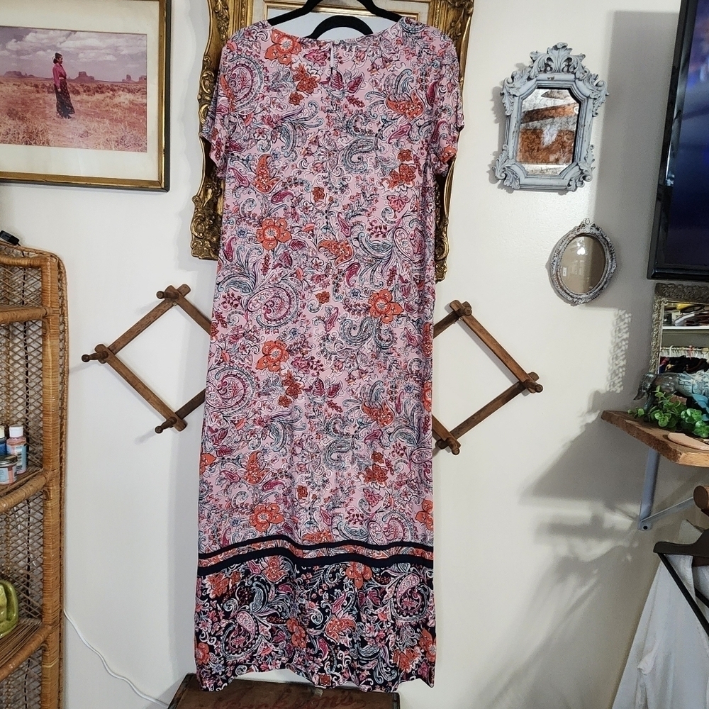 J Jill Boho Dress Full Length Maxi Short Sleeve Floral Rayon Paisley Size Med. - Picture 13 of 15